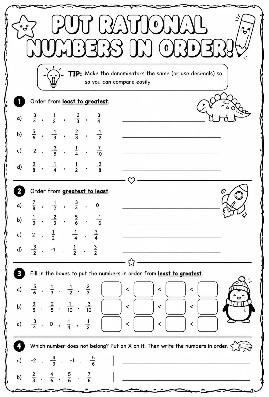 Put rational numbers in order — free printable Grade 6 math worksheet