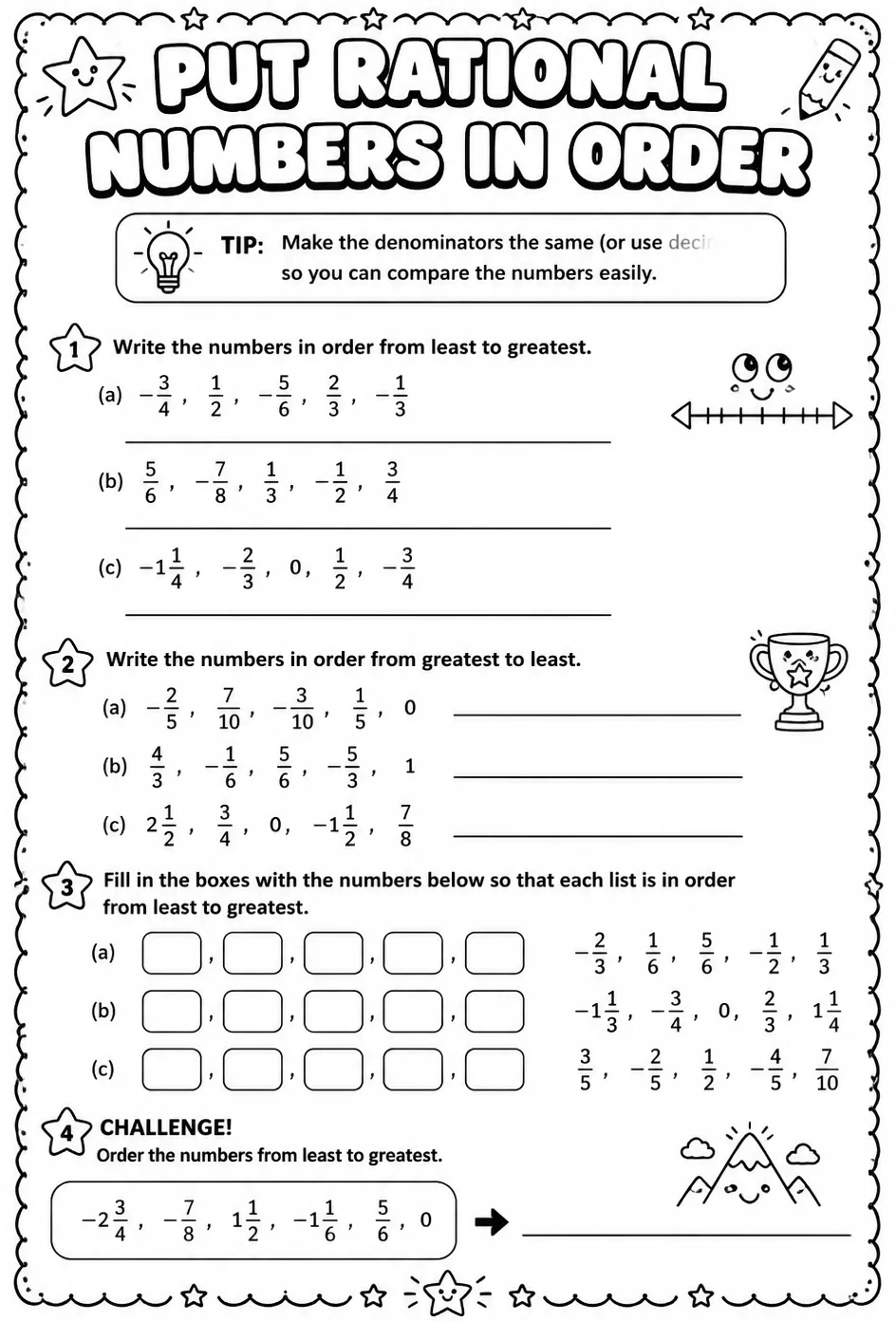 Put rational numbers in order — free printable Grade 7 math worksheet