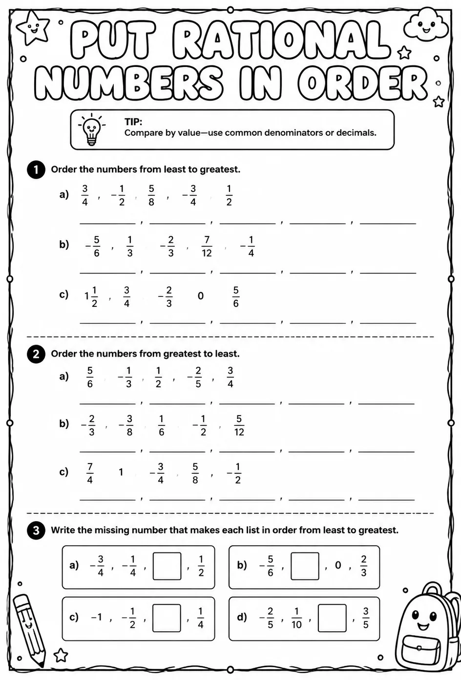 Put rational numbers in order — free printable Grade 8 math worksheet