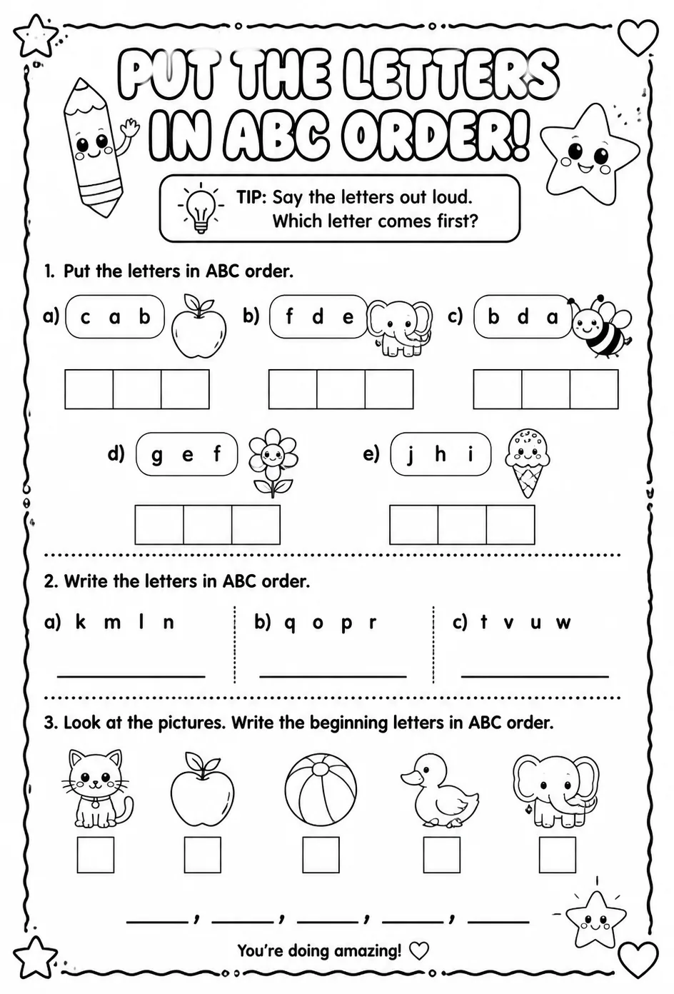 Put the letters in ABC order — free printable Reading foundations English worksheet