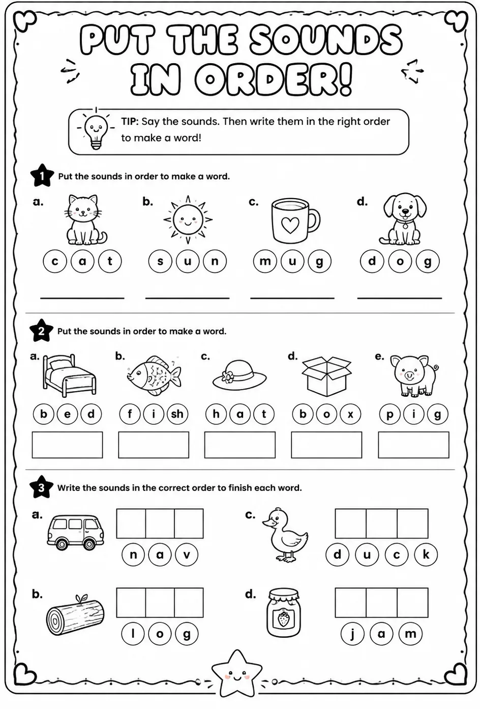 Put the sounds in order — free printable Reading foundations English worksheet