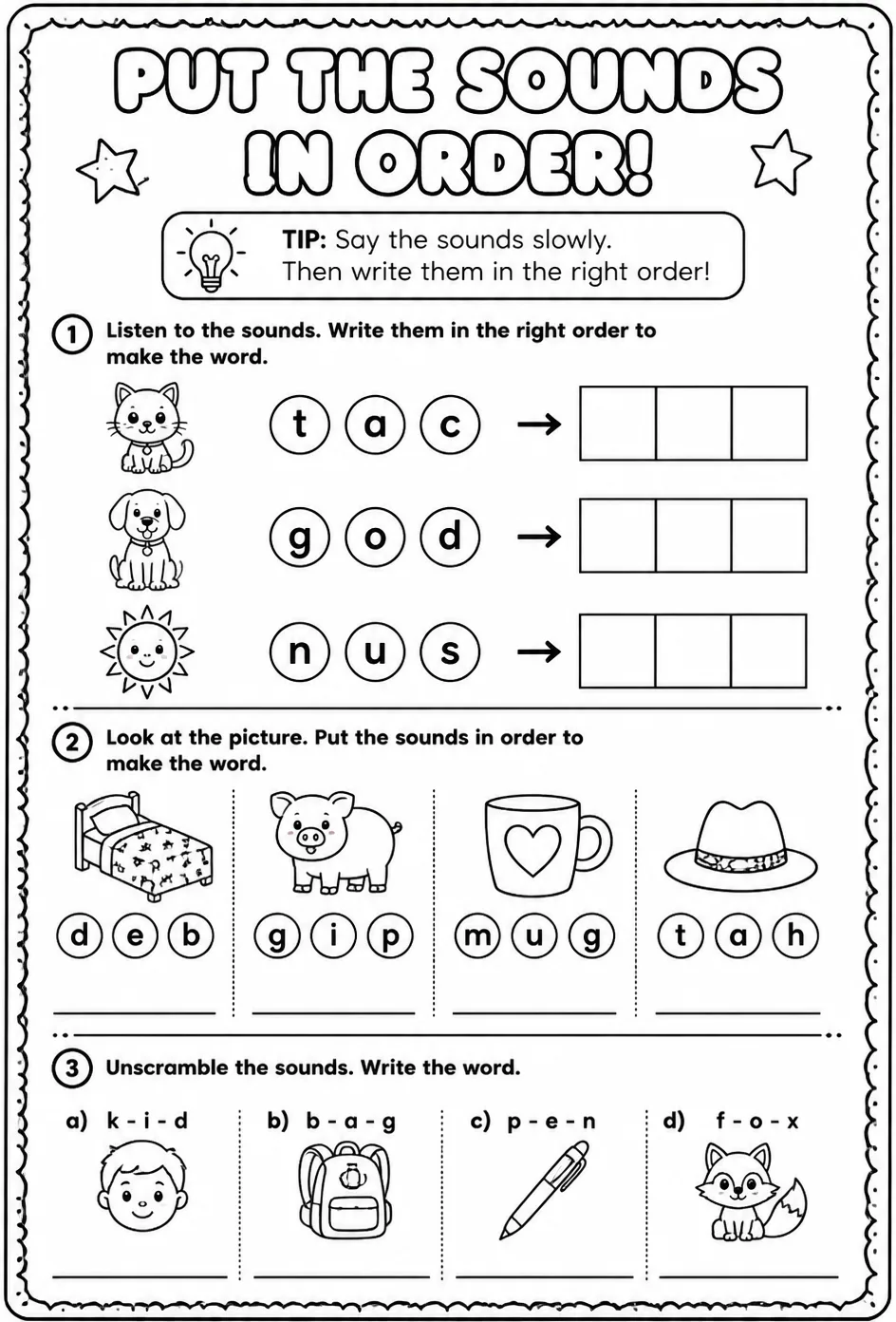 Put the sounds in order — free printable Pre-K English & Reading worksheet