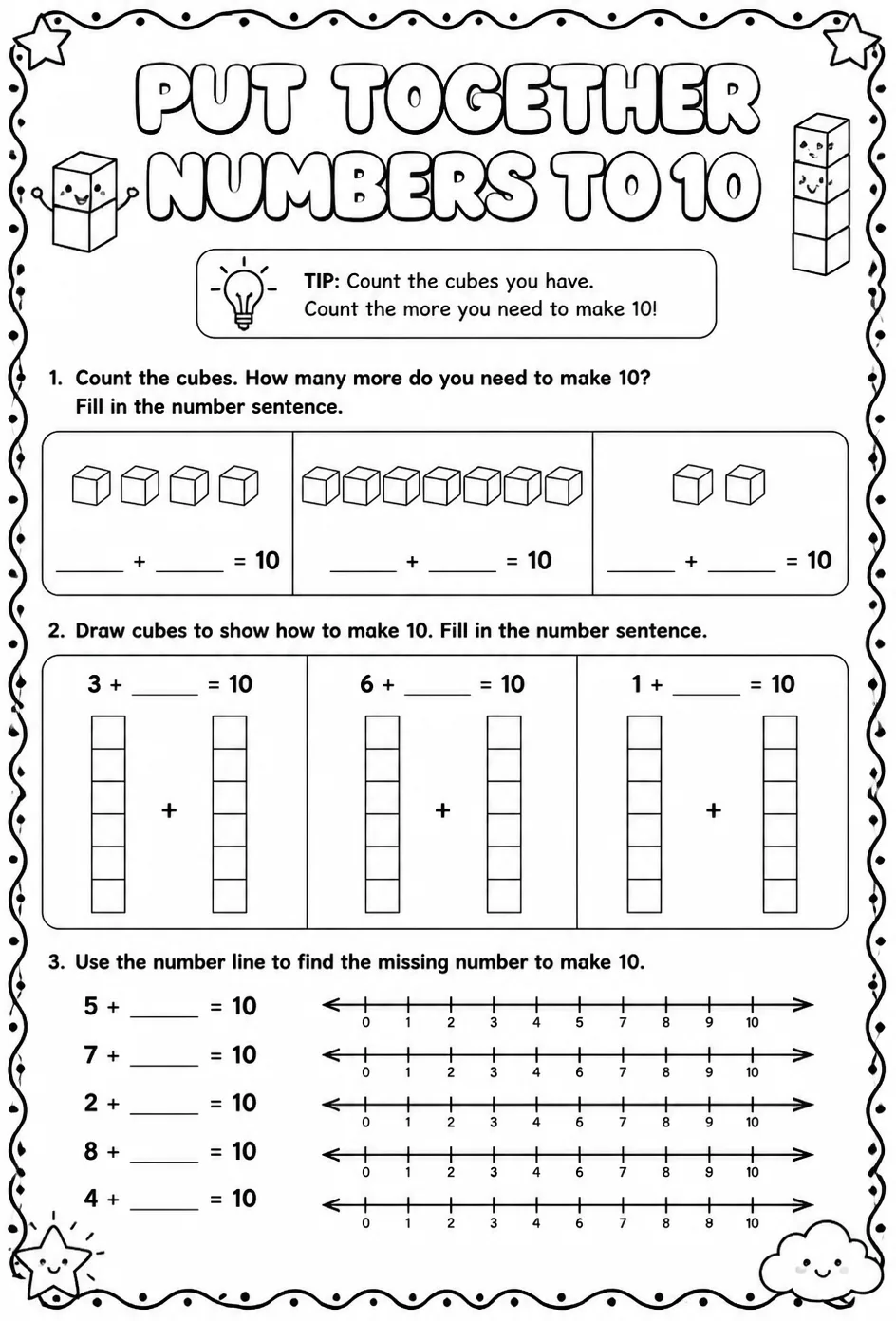 Put together numbers using cubes - sums up to 10 — free printable Pre-K math worksheet