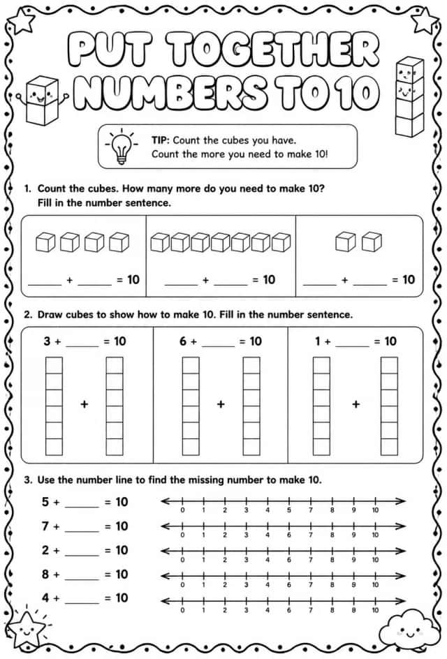 Put together numbers using cubes - sums up to 10