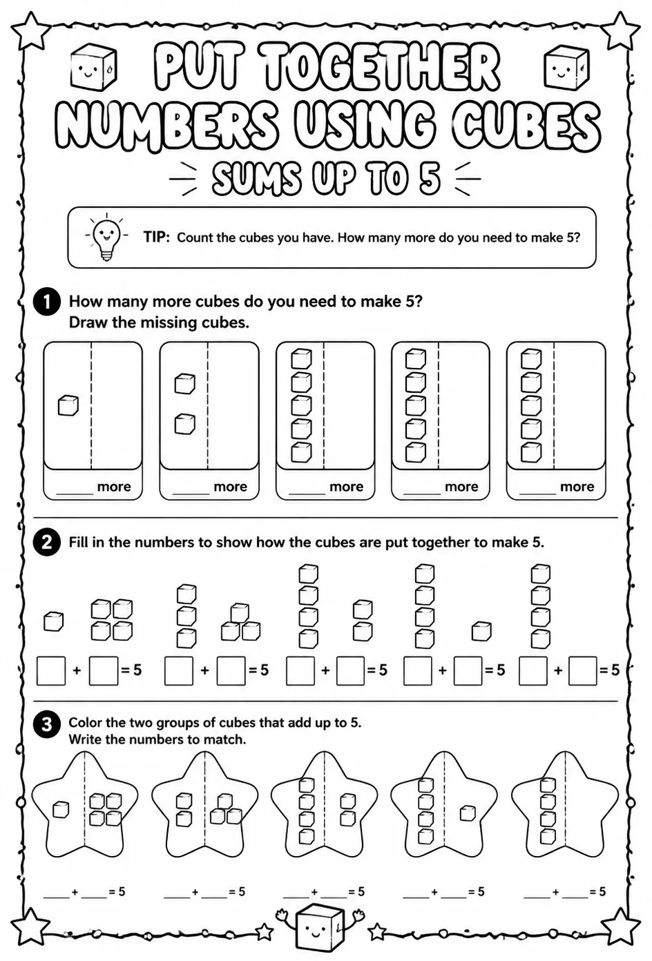 Put together numbers using cubes - sums up to 5 — free printable Pre-K math worksheet
