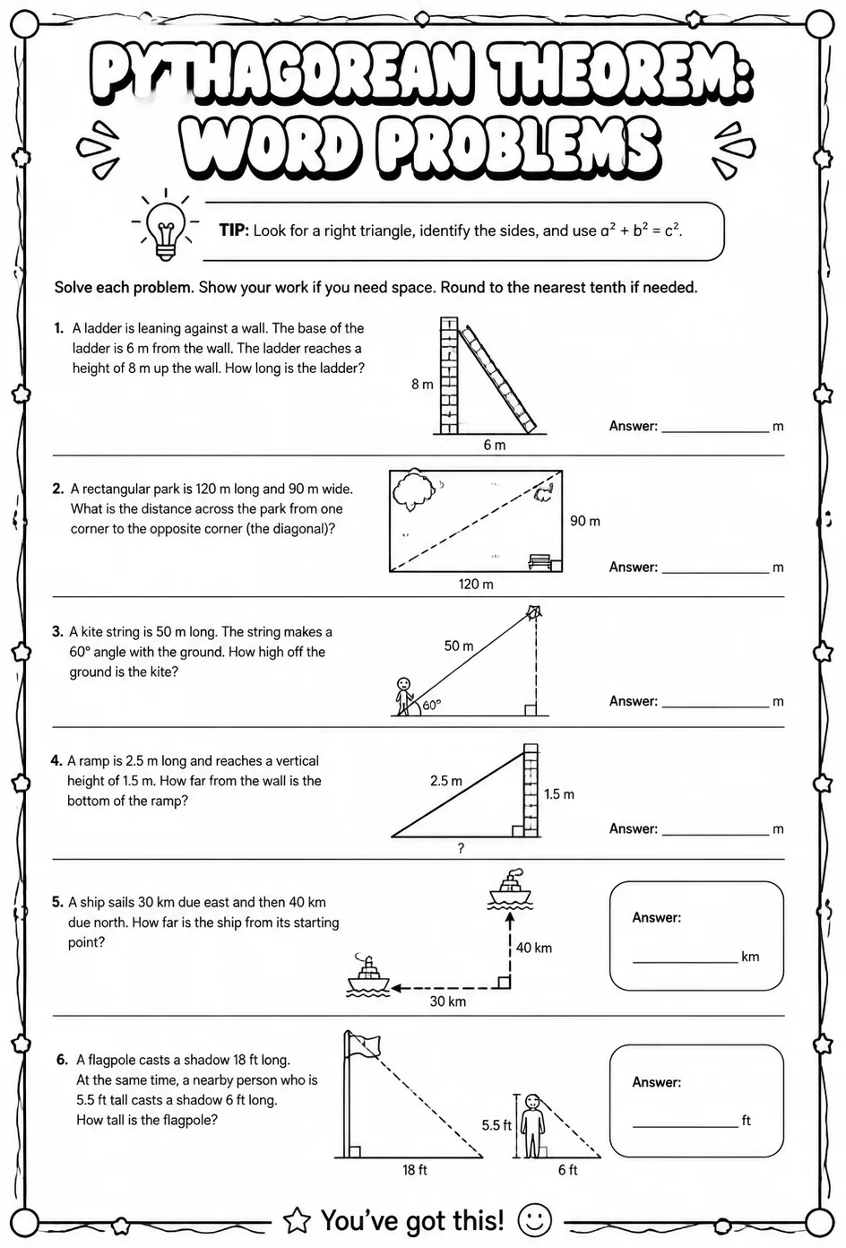 Pythagorean theorem: word problems — free printable Grade 8 math worksheet