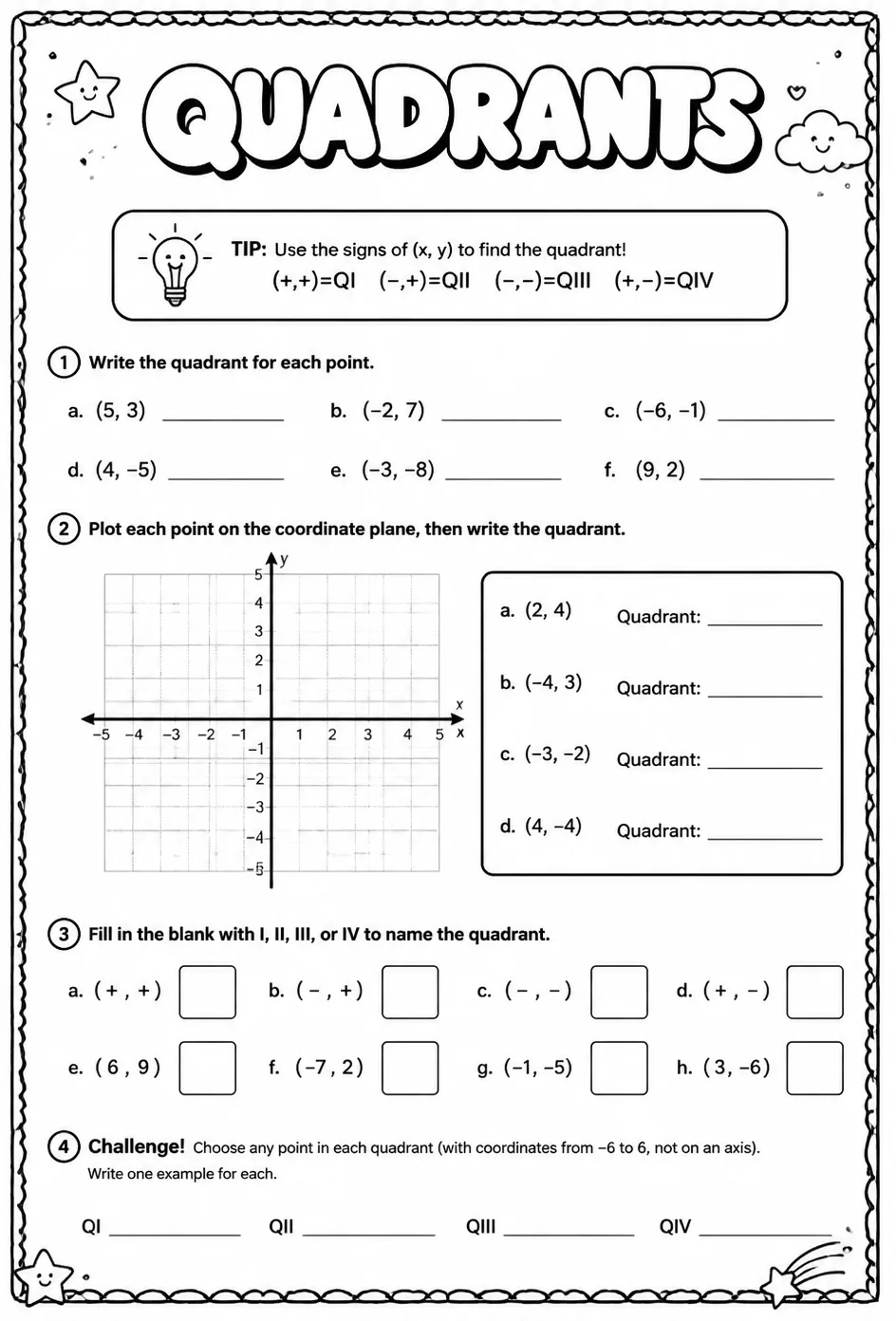 Quadrants — free printable Algebra 2 math worksheet