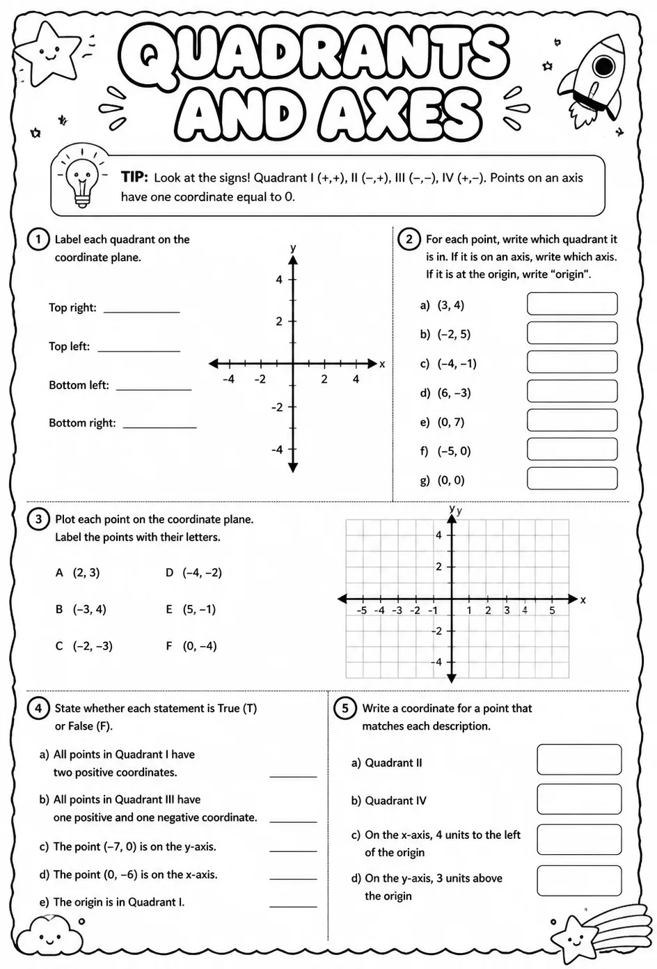 Quadrants and axes — free printable Grade 7 math worksheet