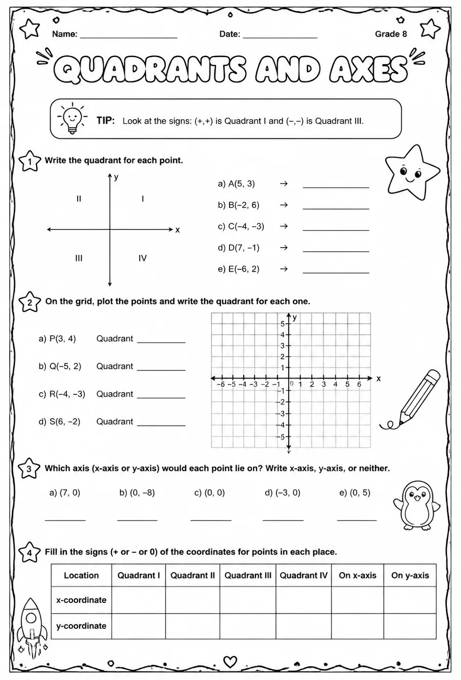 Quadrants and axes — free printable Grade 8 math worksheet