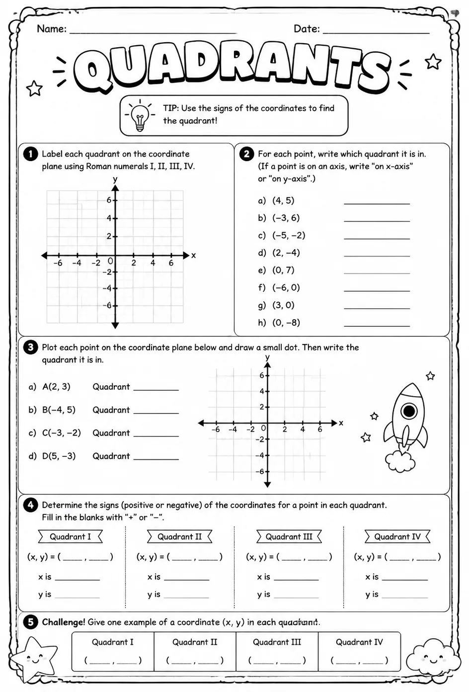 Quadrants — free printable Grade 6 math worksheet
