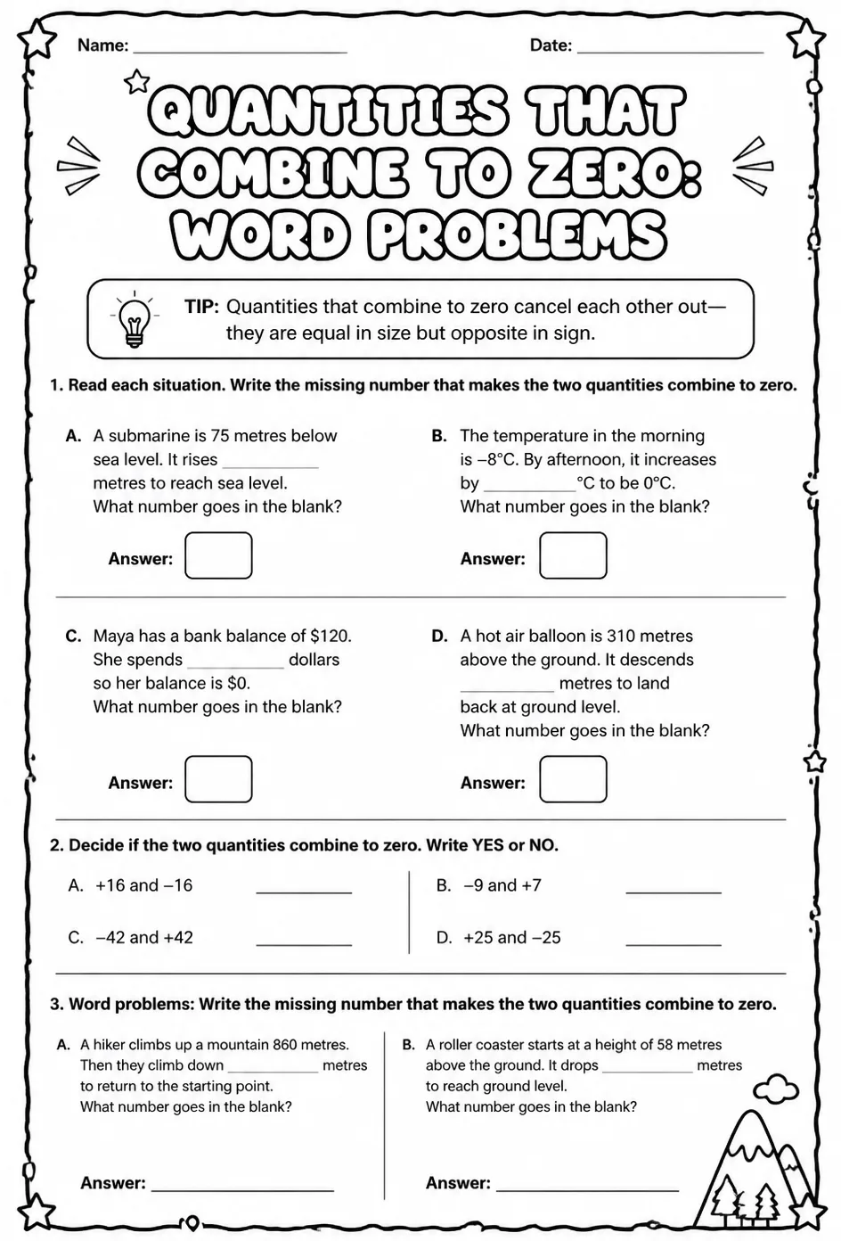 Quantities that combine to zero: word problems — free printable Grade 7 math worksheet