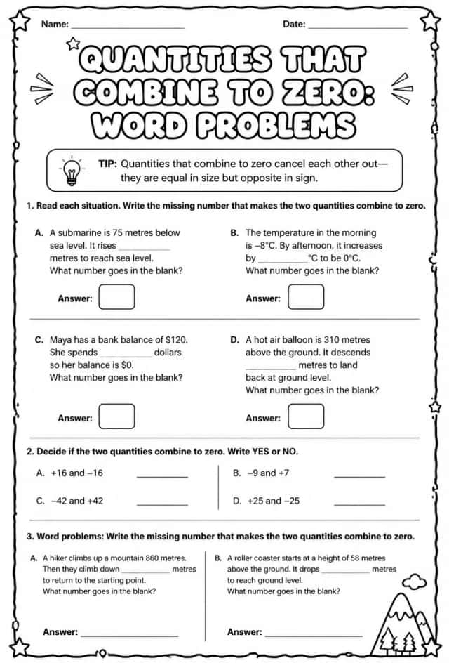 Quantities that combine to zero: word problems