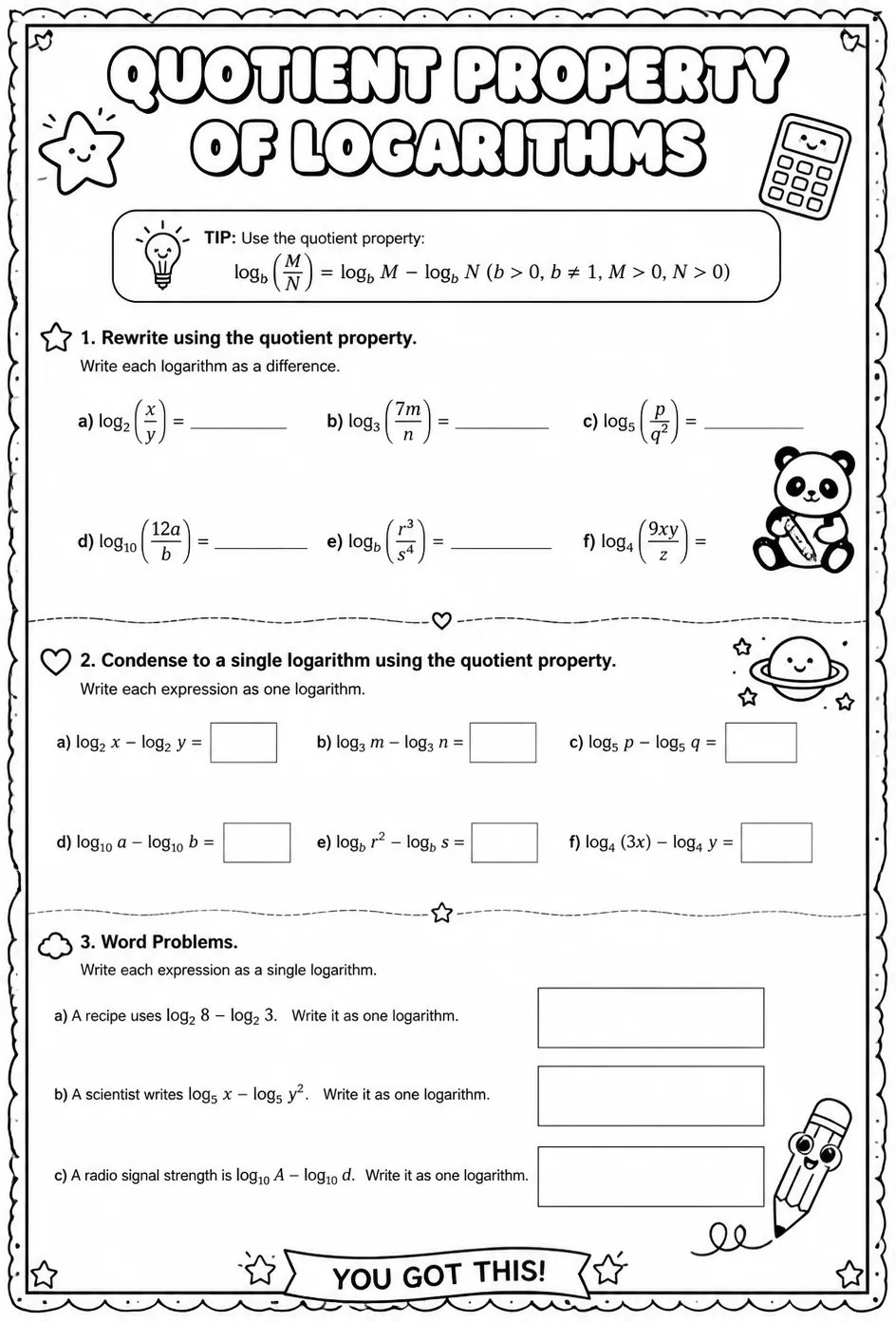 Quotient property of logarithms — free printable Algebra 2 math worksheet