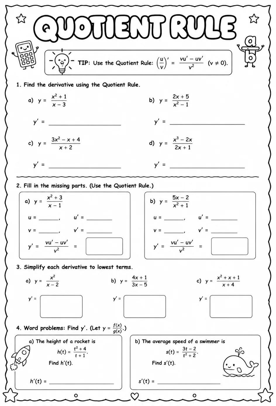Quotient rule — free printable Calculus math worksheet