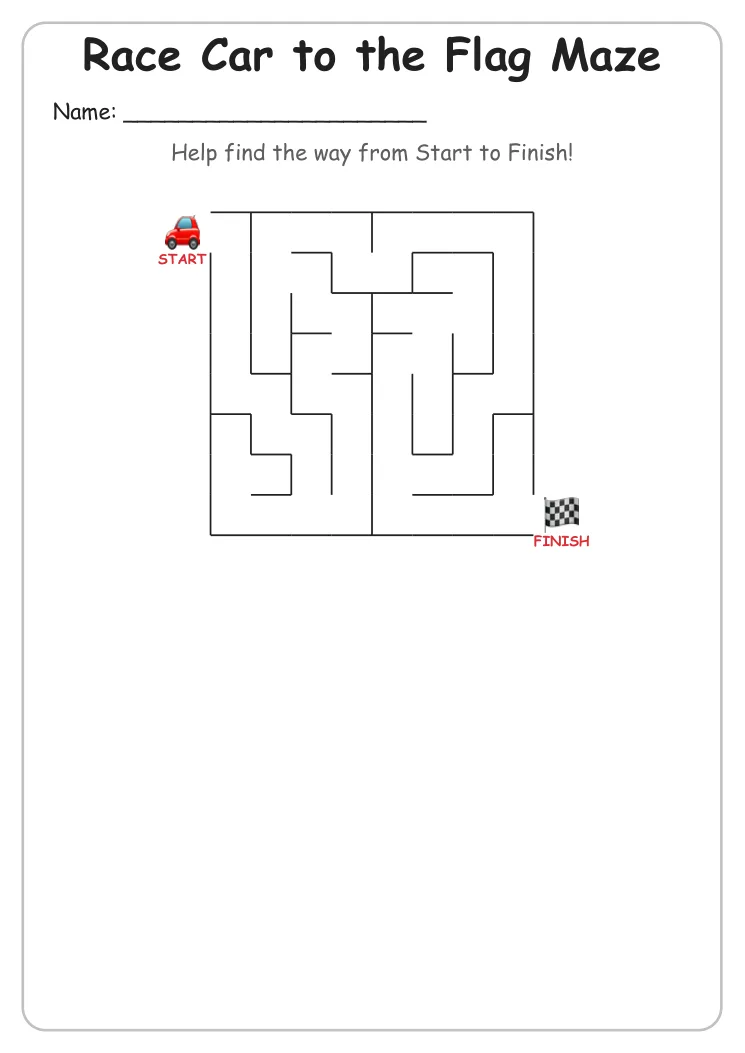 Race Car to the Flag maze for Kindergarten
