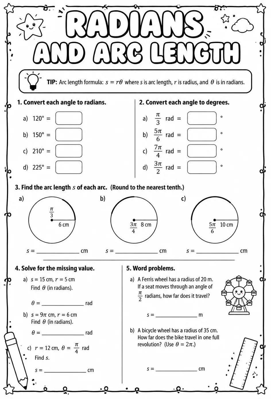 Radians and arc length — free printable Algebra 2 math worksheet