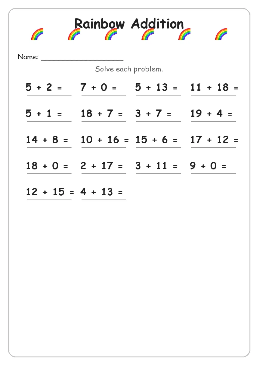 Rainbow addition worksheet for Grade 2