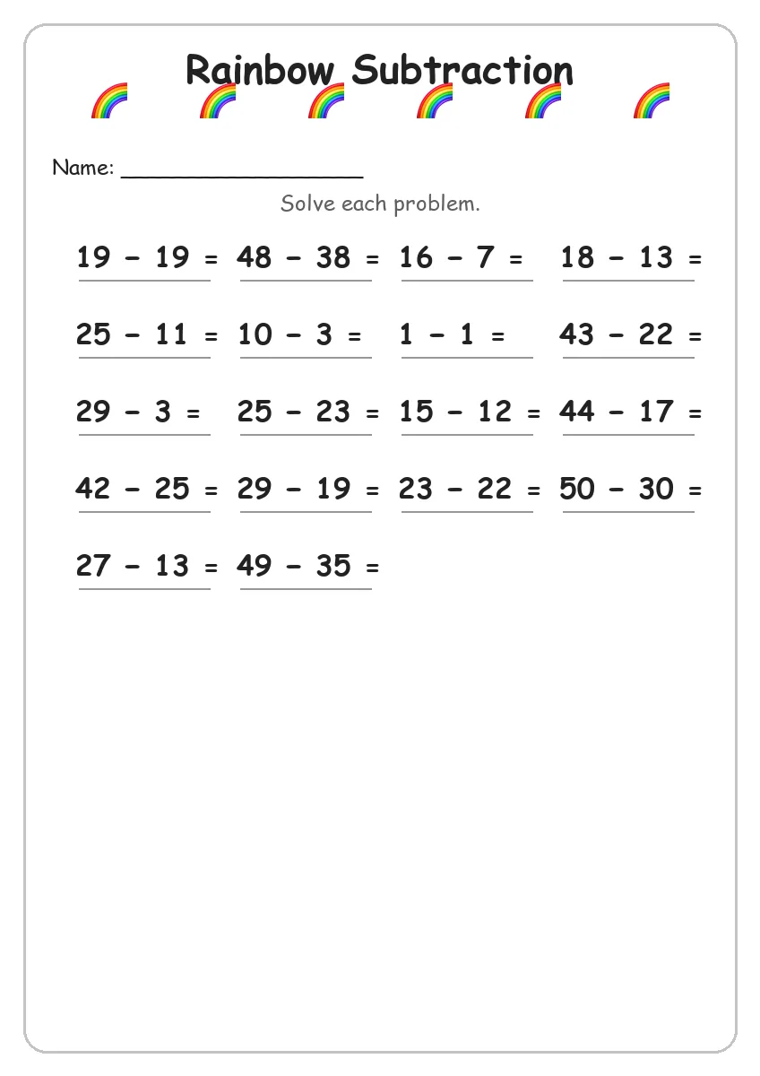 Rainbow subtraction worksheet for Grade 2