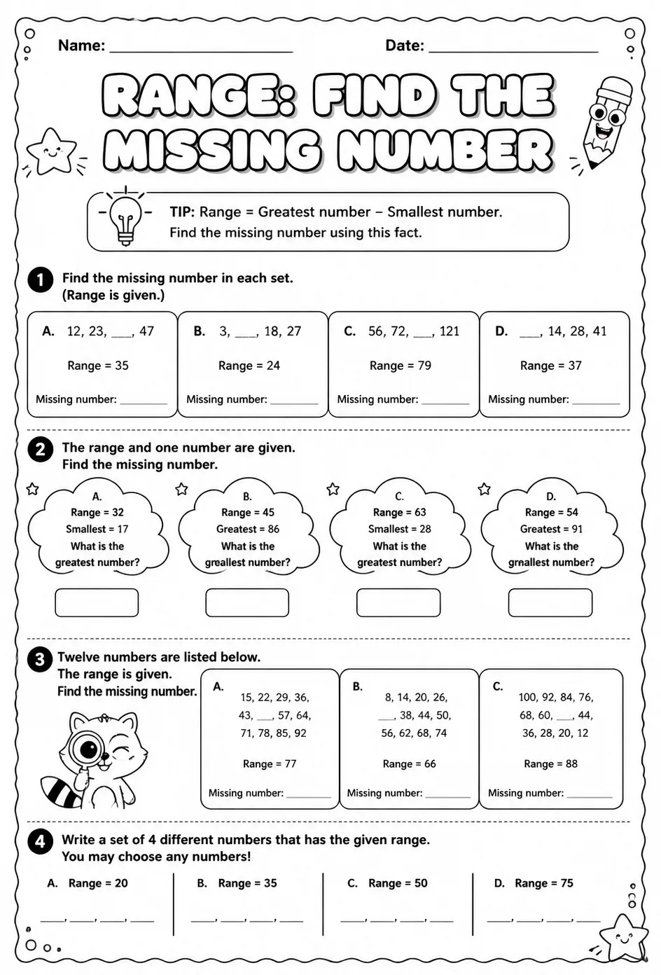 Range: find the missing number — free printable Grade 5 math worksheet