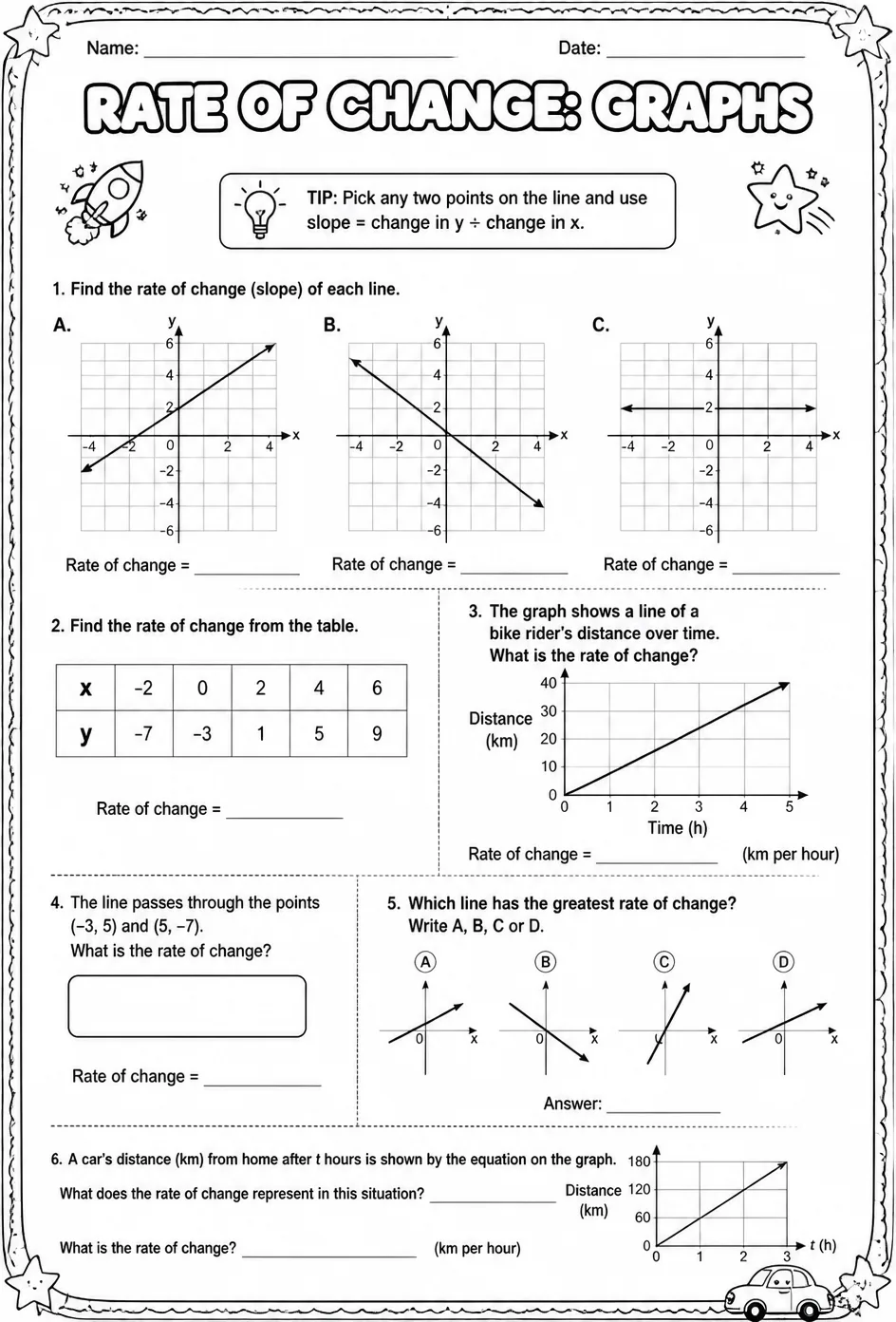 Rate of change: graphs — free printable Grade 8 math worksheet