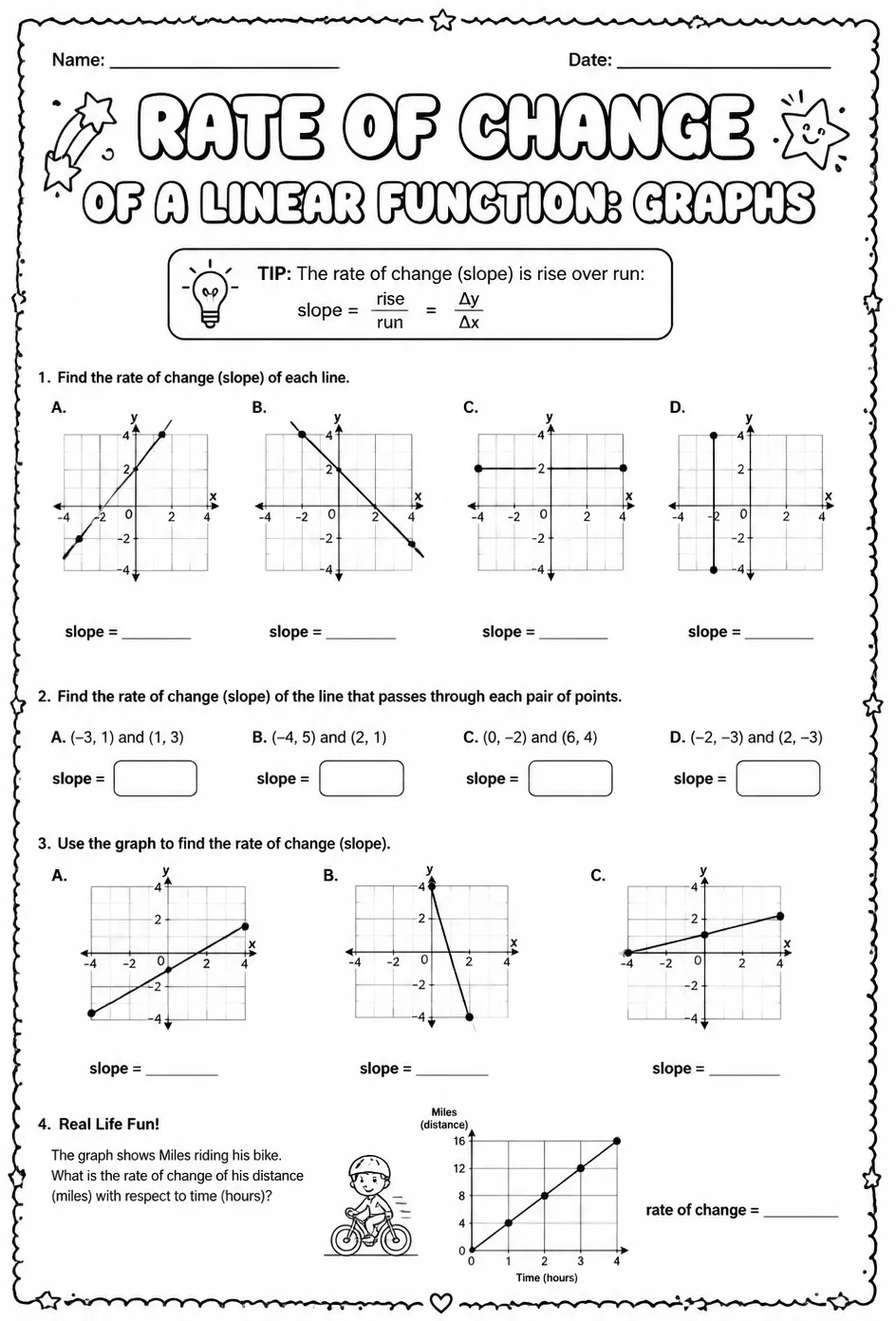 Rate of change of a linear function: graphs — free printable Algebra 1 math worksheet