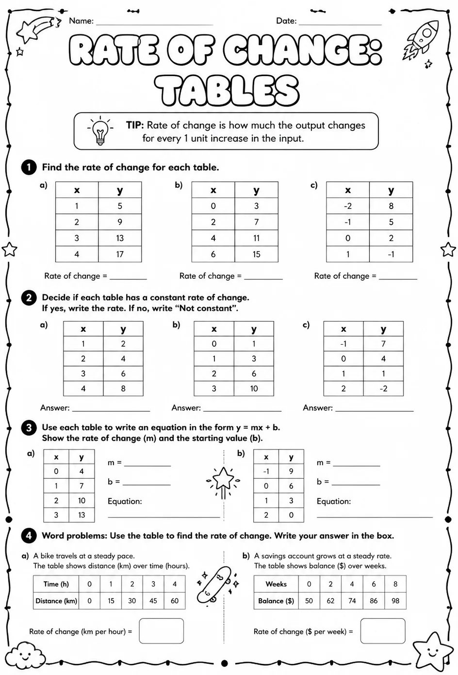 Rate of change: tables — free printable Grade 7 math worksheet