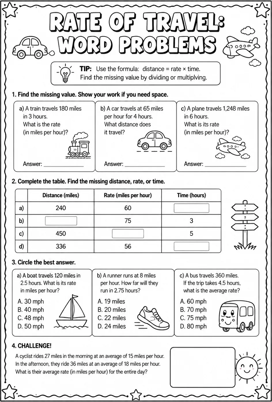 Rate of travel: word problems — free printable Algebra 1 math worksheet