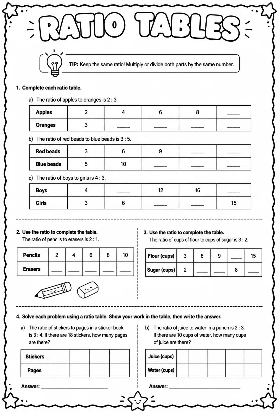 Ratio tables — free printable Grade 6 math worksheet