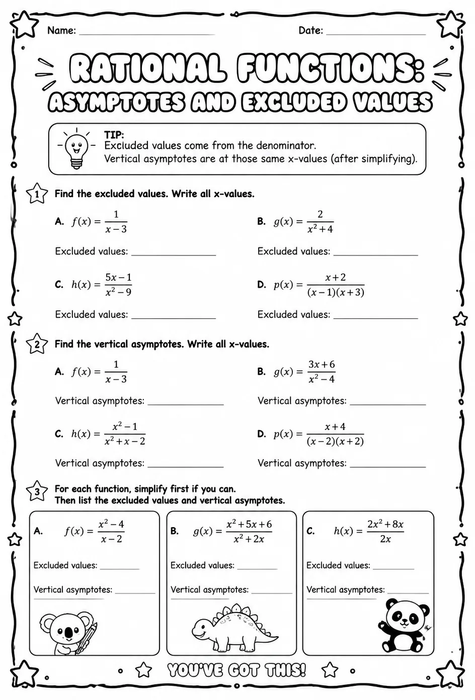 Rational functions: asymptotes and excluded values — free printable Algebra 1 math worksheet