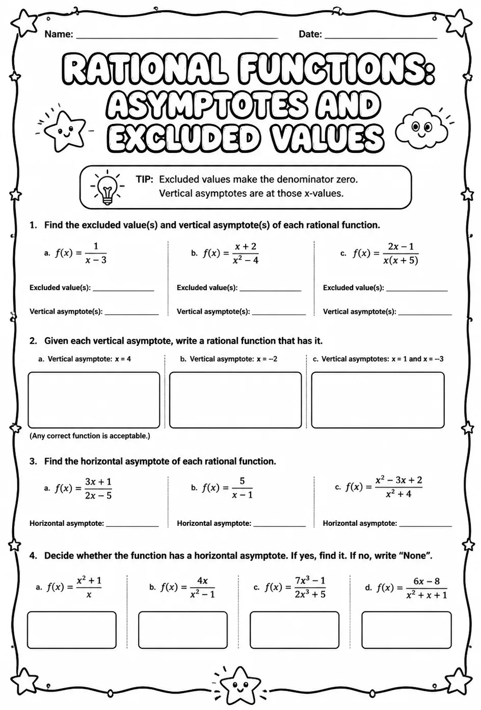 Rational functions: asymptotes and excluded values — free printable Algebra 2 math worksheet