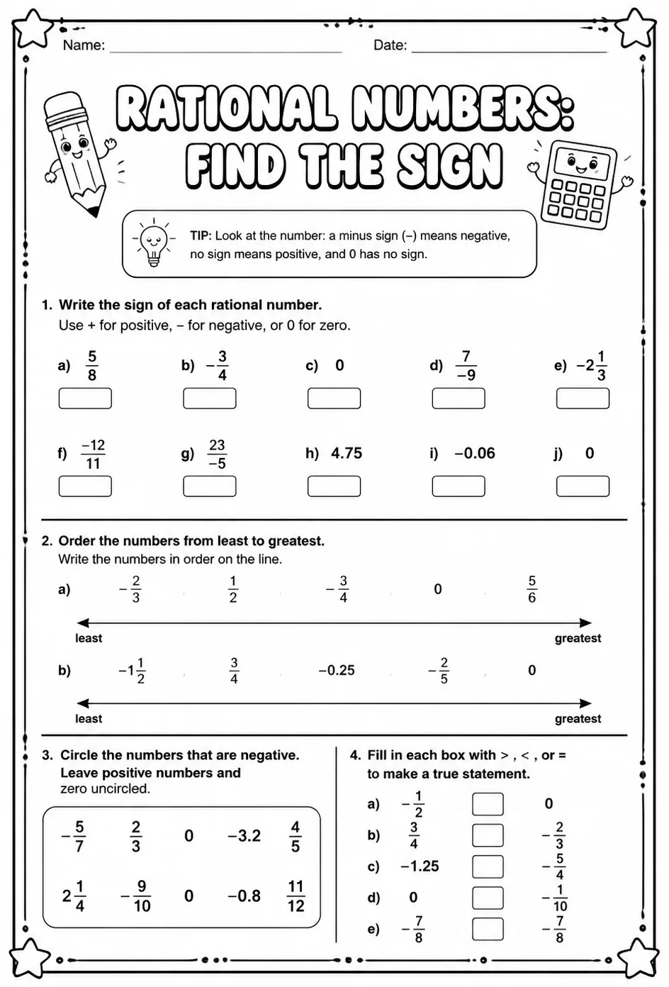 Rational numbers: find the sign — free printable Grade 6 math worksheet