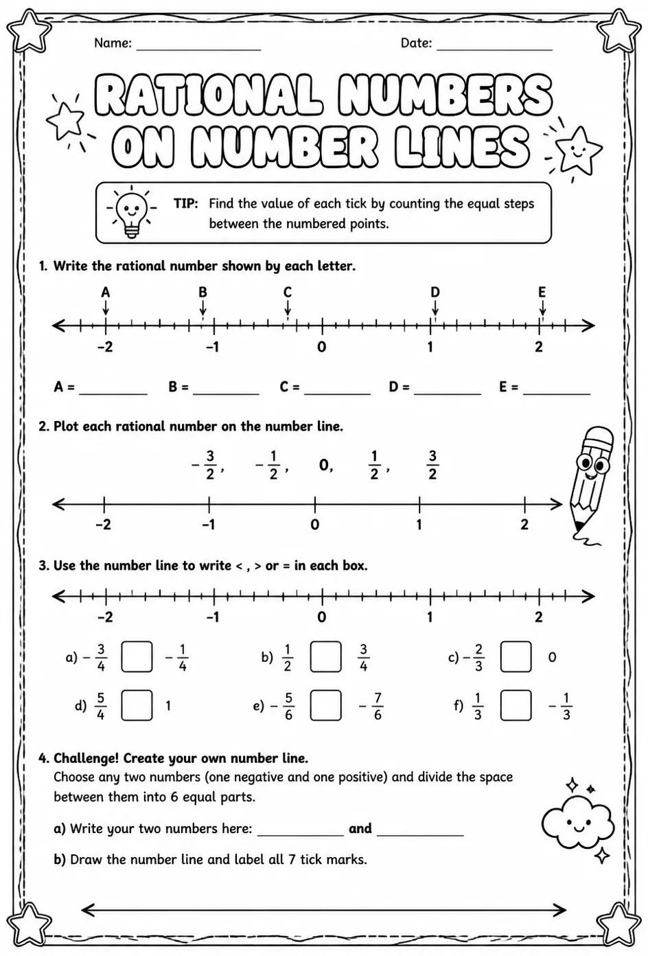 Rational numbers on number lines — free printable Grade 6 math worksheet