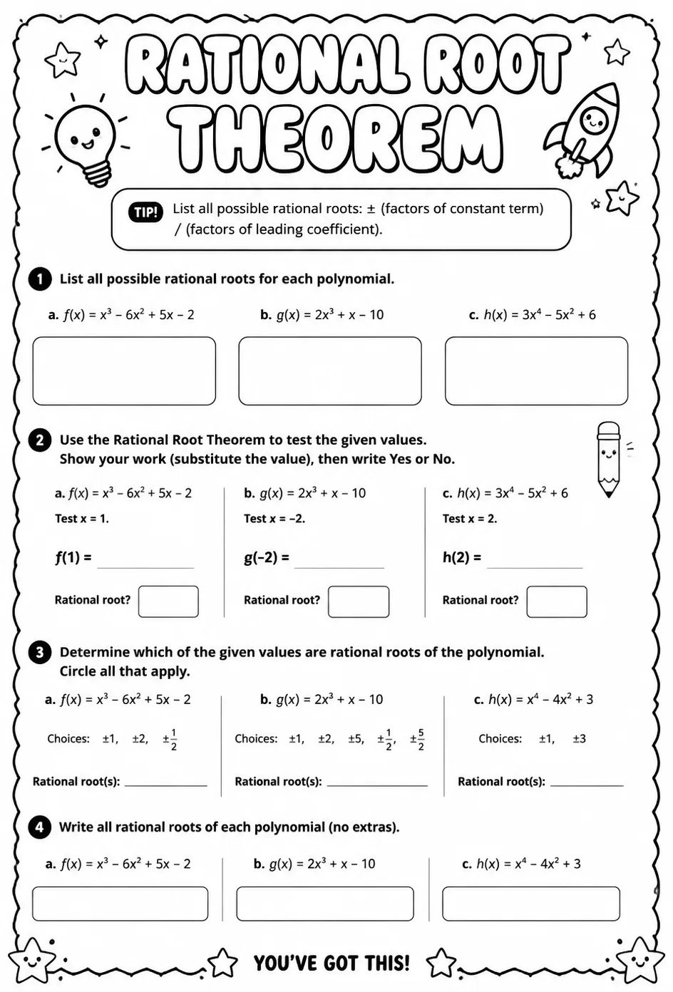 Rational root theorem — free printable Algebra 2 math worksheet
