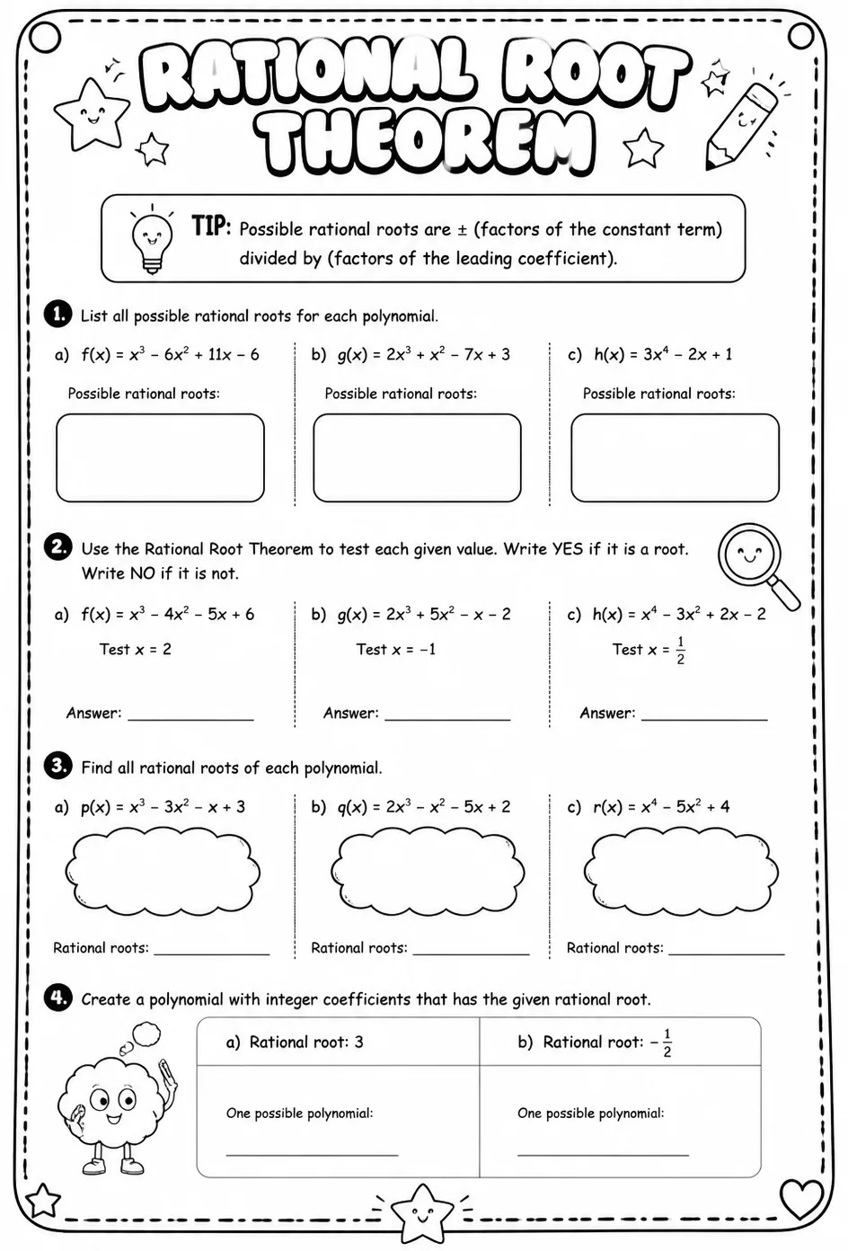 Rational root theorem — free printable Precalculus math worksheet