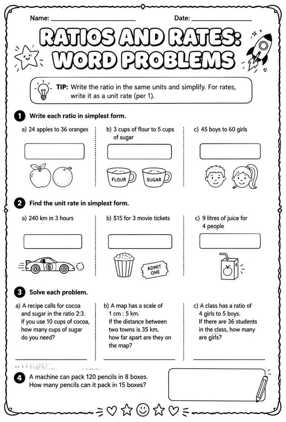 Ratios and rates: word problems — free printable Grade 6 math worksheet