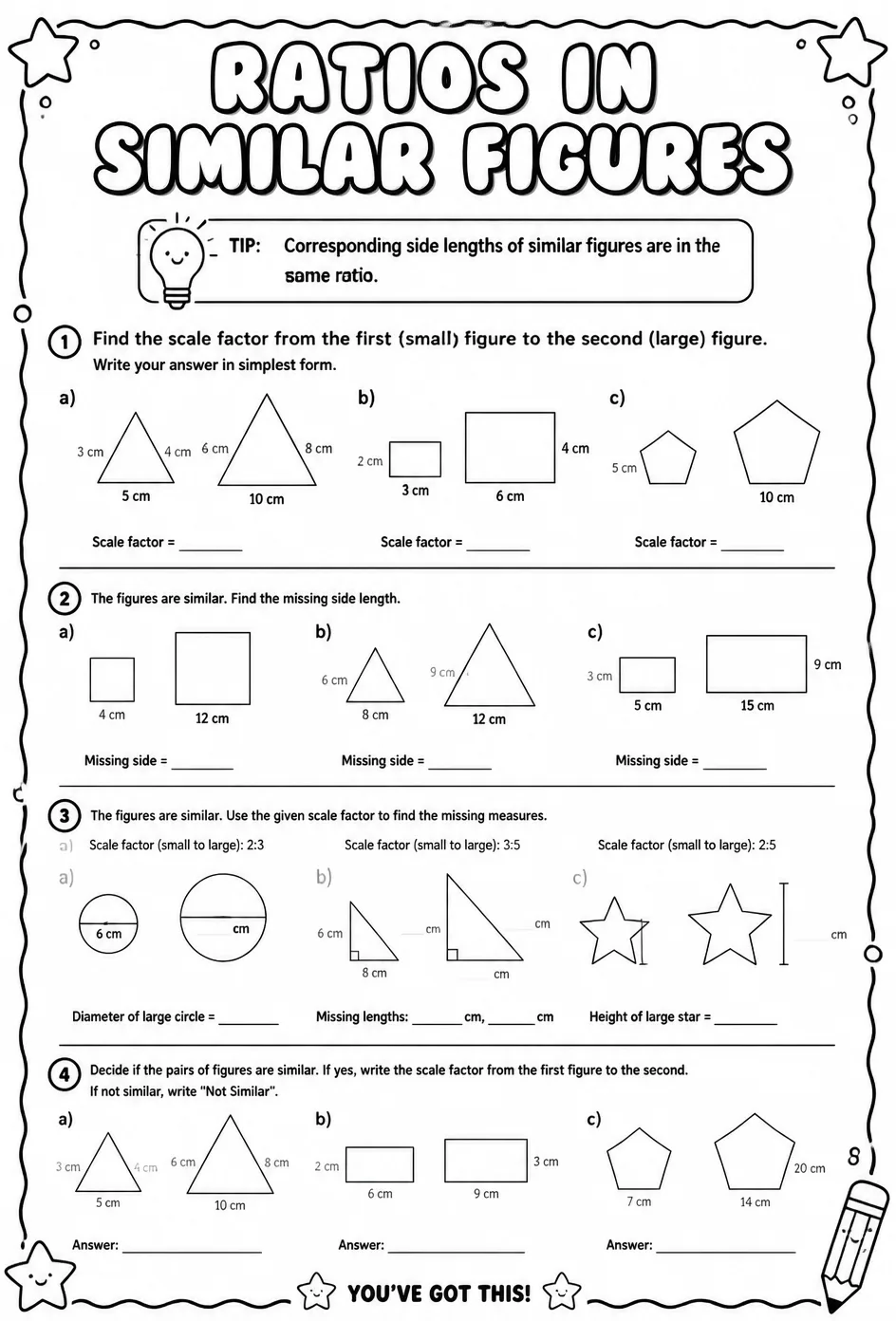 Ratios in similar figures — free printable Geometry math worksheet