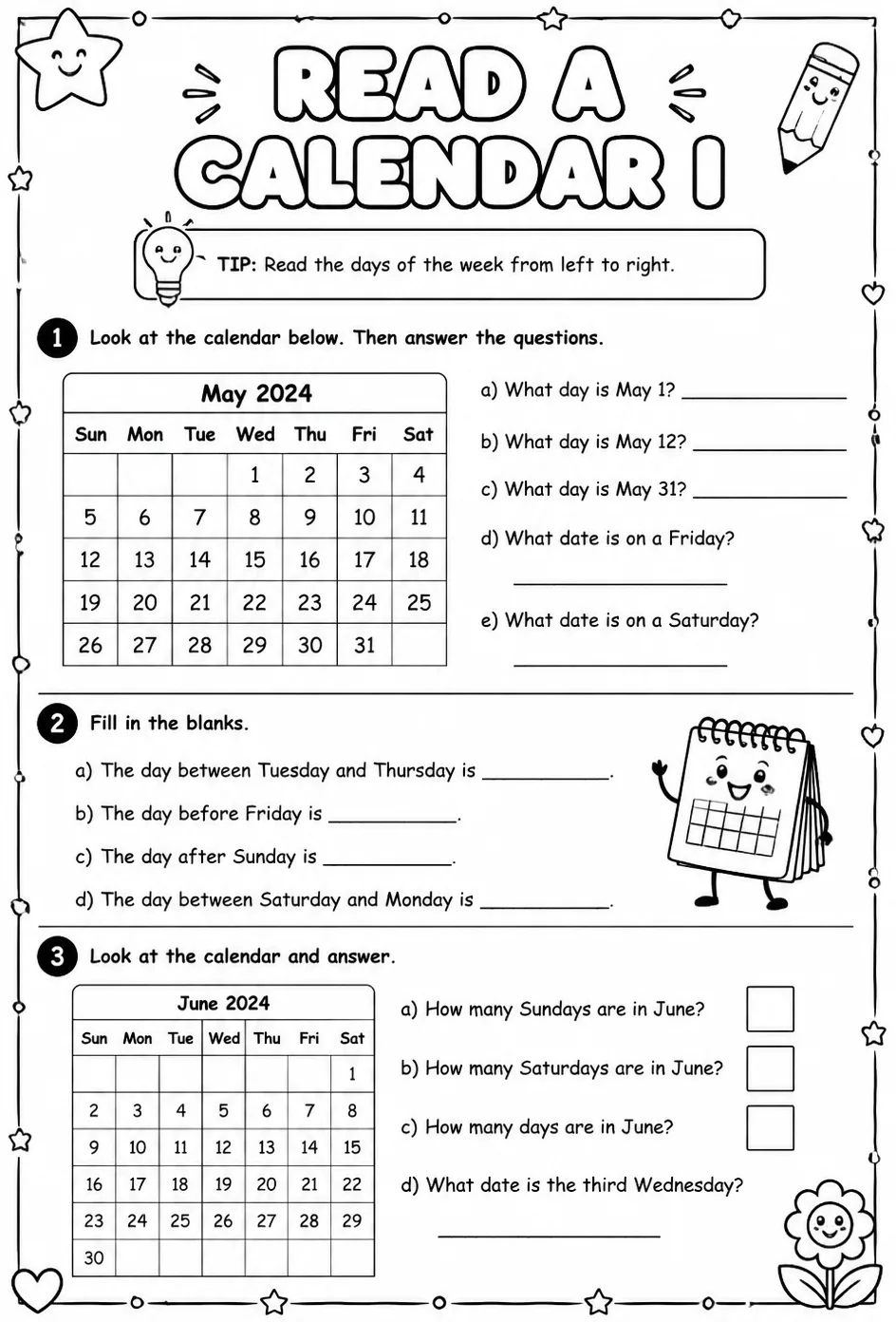 Read a calendar I — free printable Grade 2 math worksheet