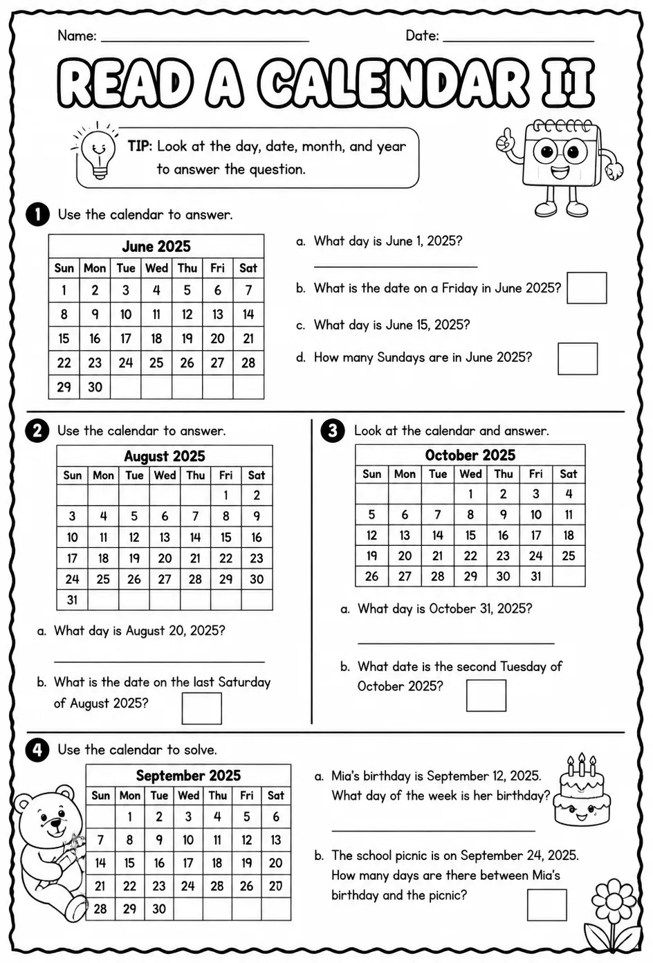 Read a calendar II — free printable Grade 2 math worksheet