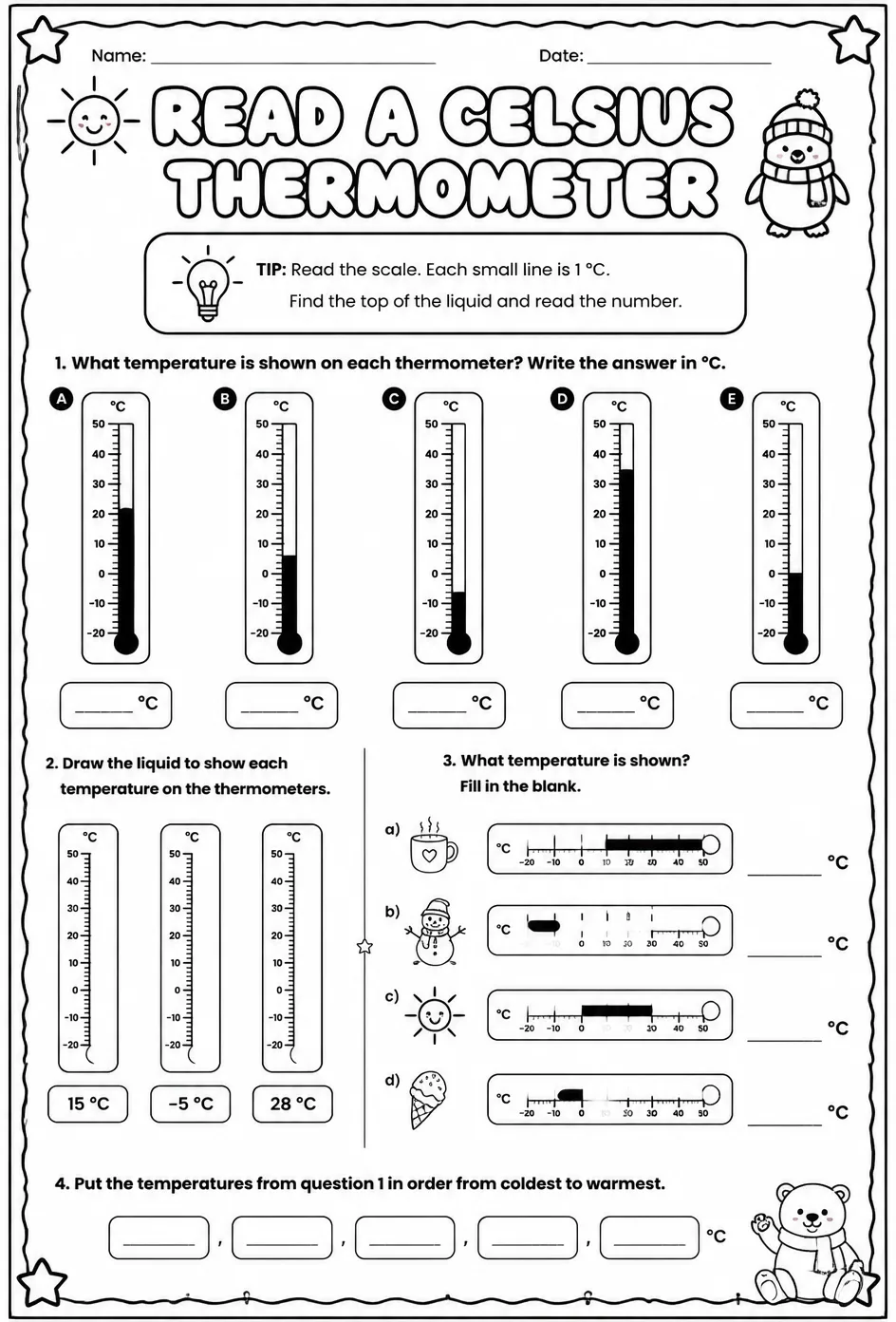 Read a Celsius thermometer — free printable Grade 3 math worksheet