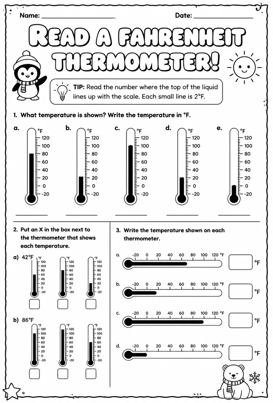 Read a Fahrenheit thermometer — free printable Grade 3 math worksheet