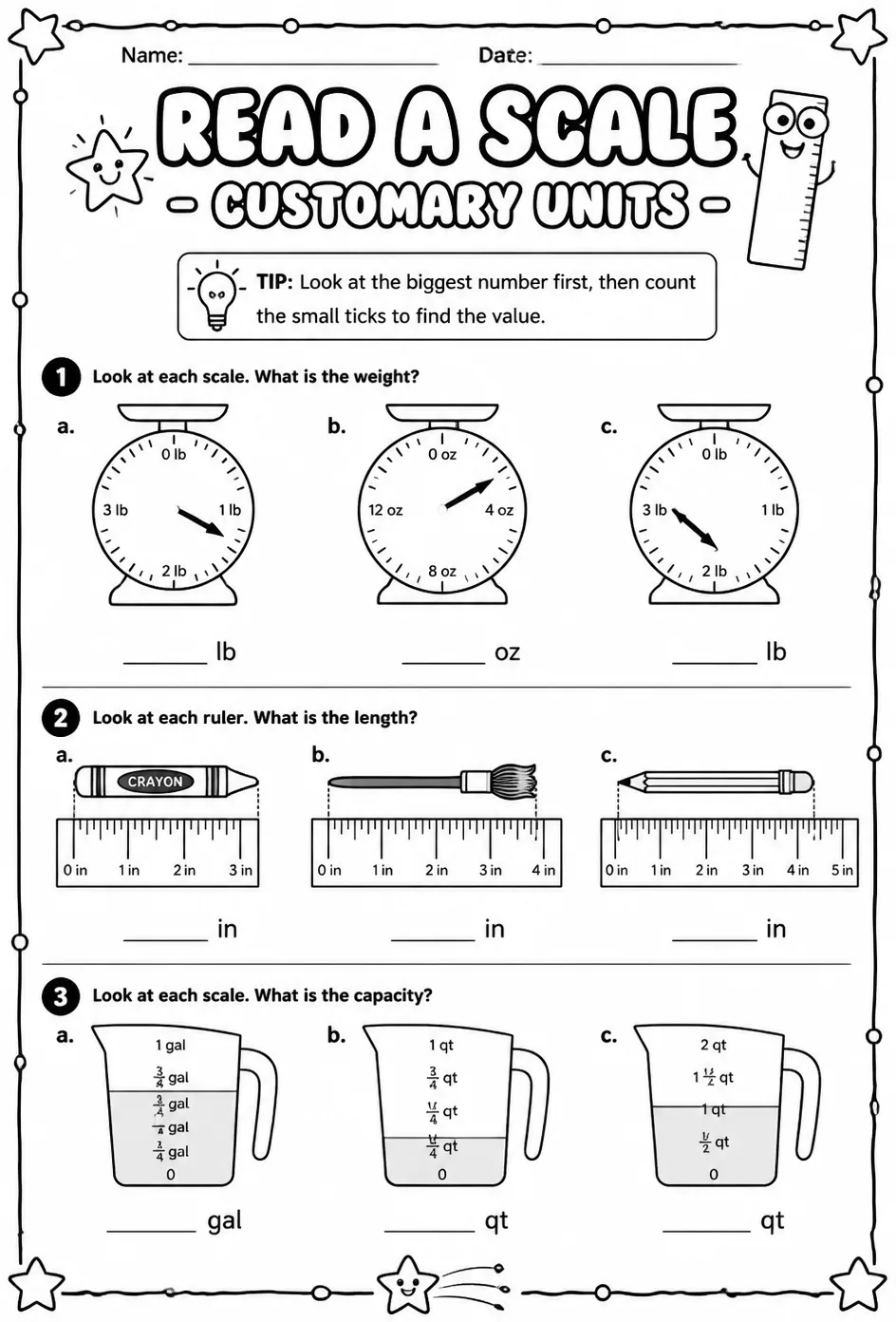 Read a scale - customary units — free printable Grade 3 math worksheet