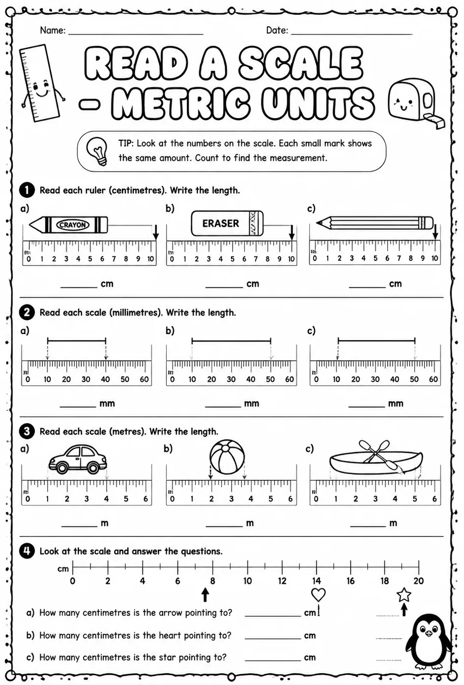 Read a scale - metric units — free printable Grade 3 math worksheet