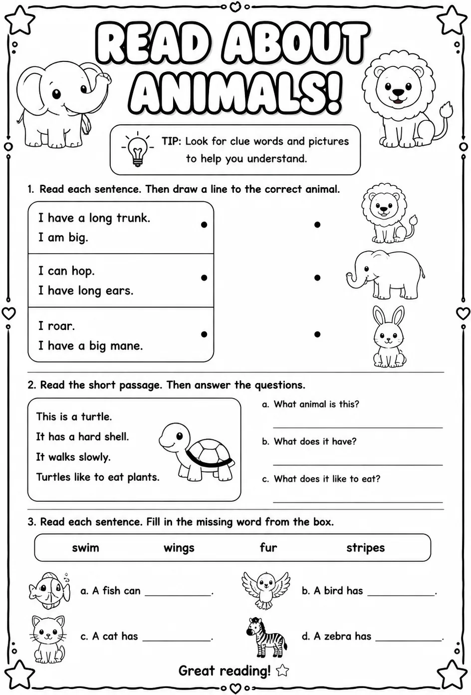 Read about animals — free printable Kindergarten English & Reading worksheet
