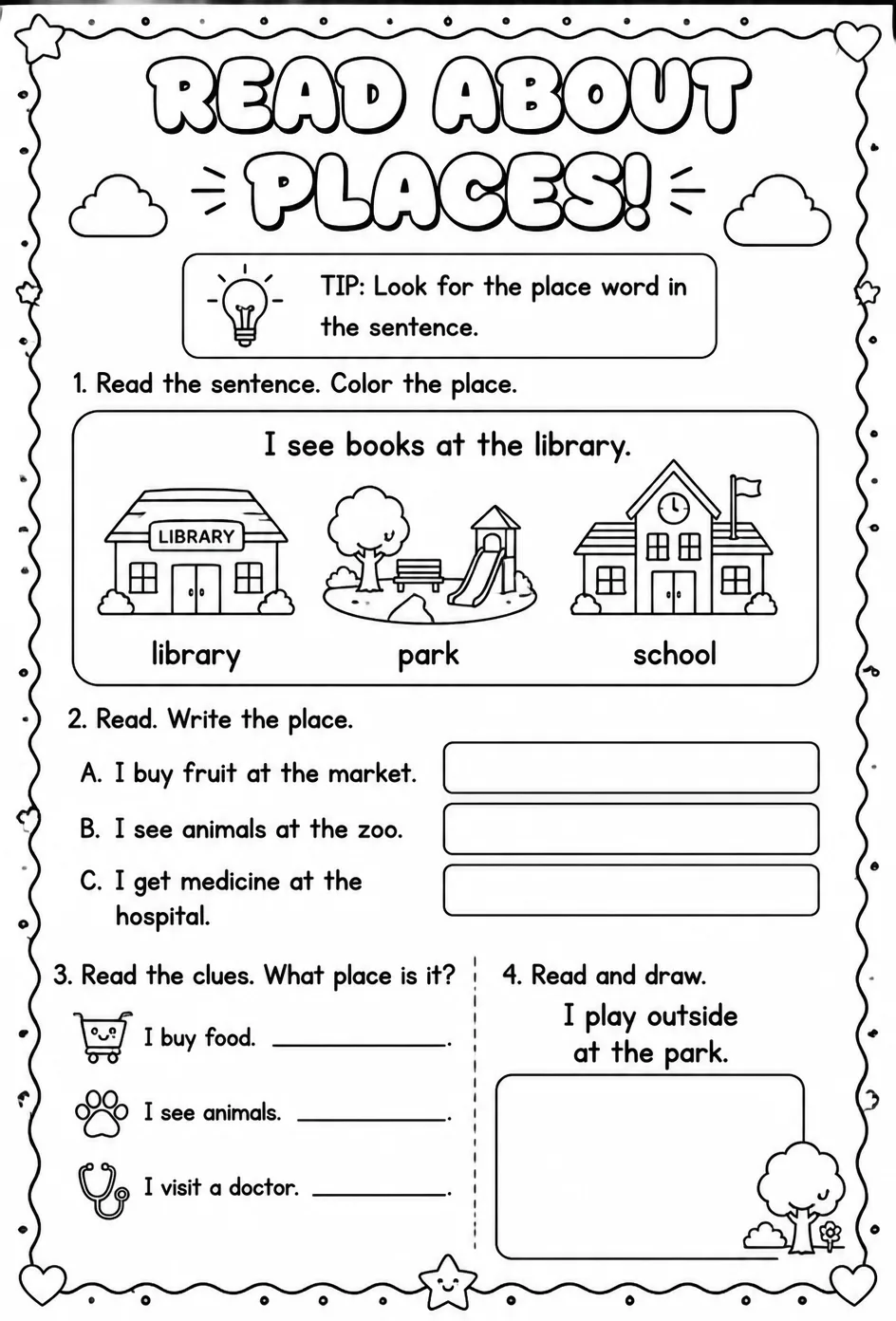 Read about places — free printable Kindergarten English & Reading worksheet