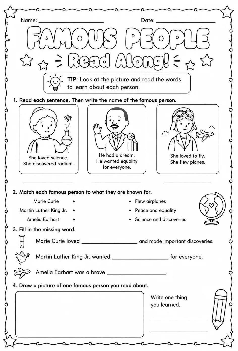 Read along about famous people — free printable Kindergarten English & Reading worksheet