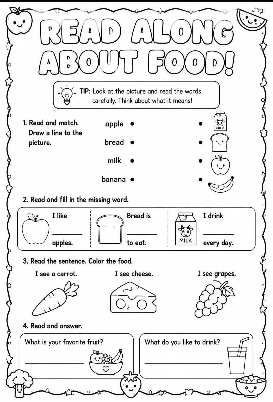 Read along about food — free printable Kindergarten English & Reading worksheet