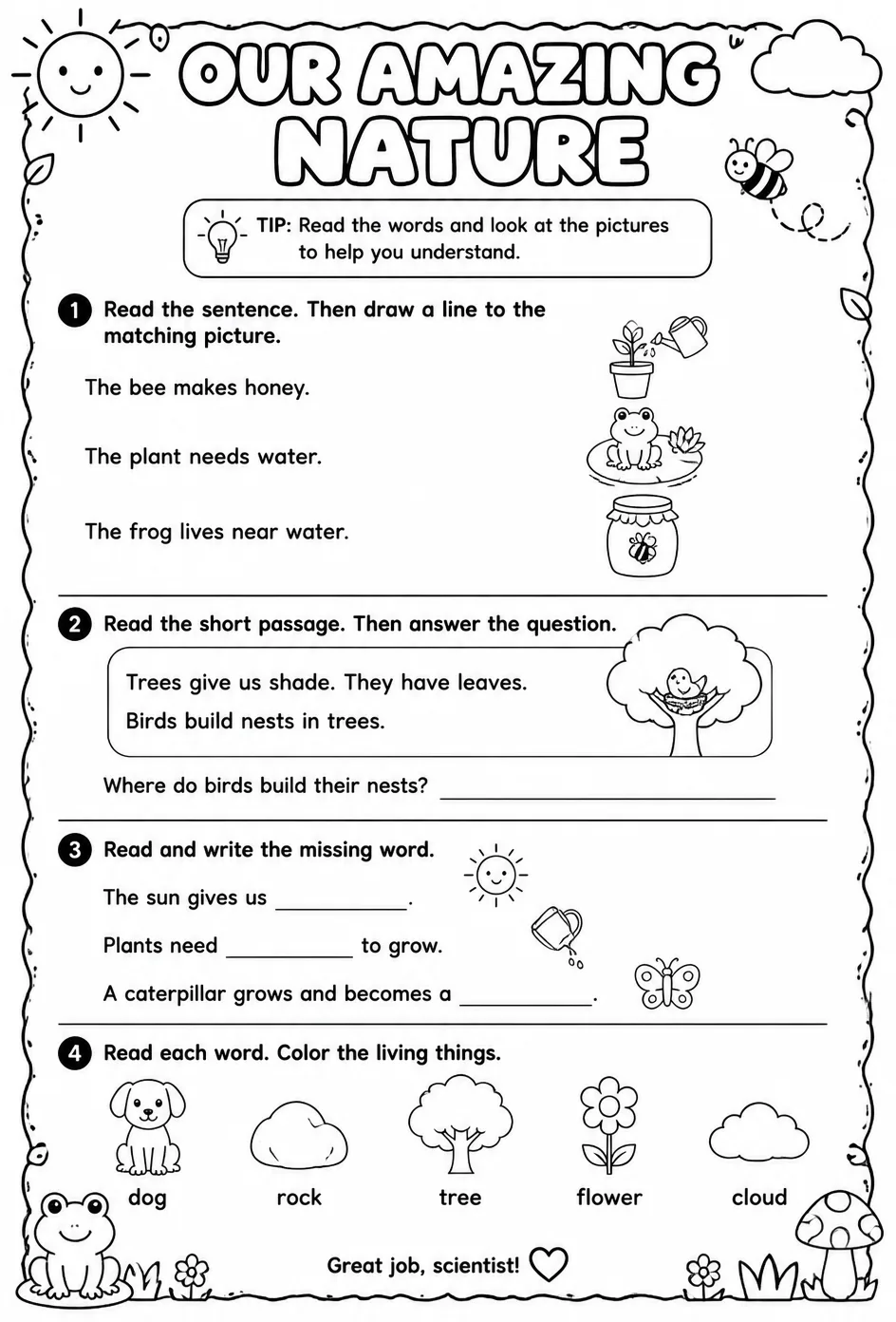 Read along about science and nature — free printable Kindergarten English & Reading worksheet