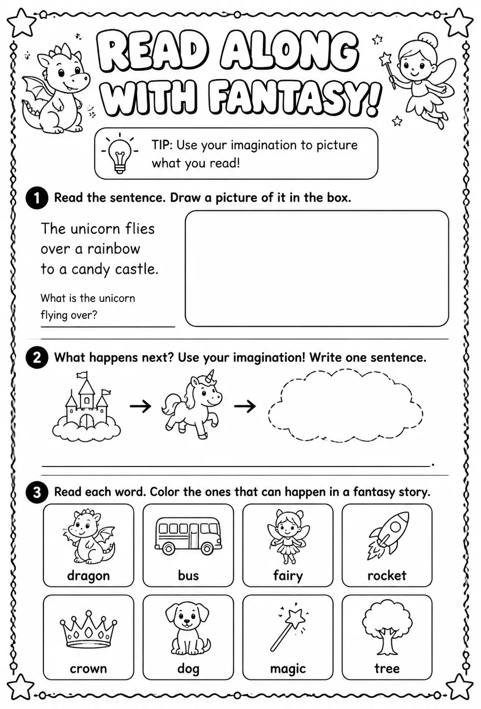 Read along with fantasy — free printable Kindergarten English & Reading worksheet