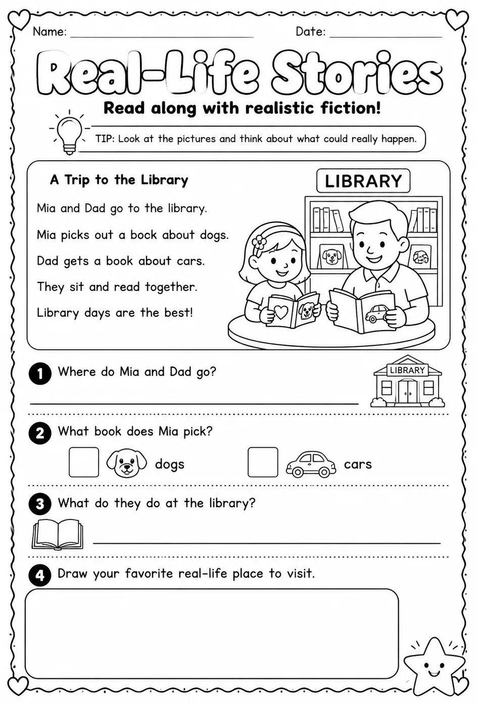 Read along with realistic fiction — free printable Reading strategies English worksheet