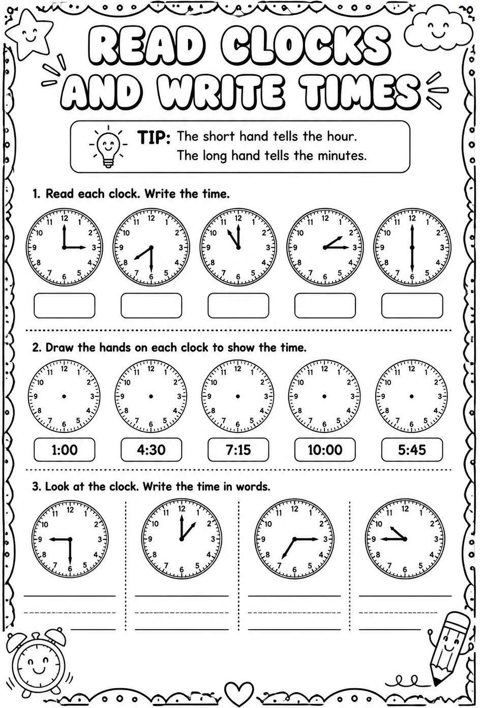 Read clocks and write times — free printable Grade 1 math worksheet